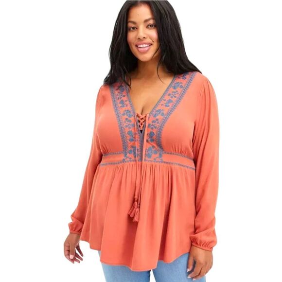 torrid Tops - TORRID Babydoll Rayon Crape Embroidery lace- Up LongSleeve Top 1X